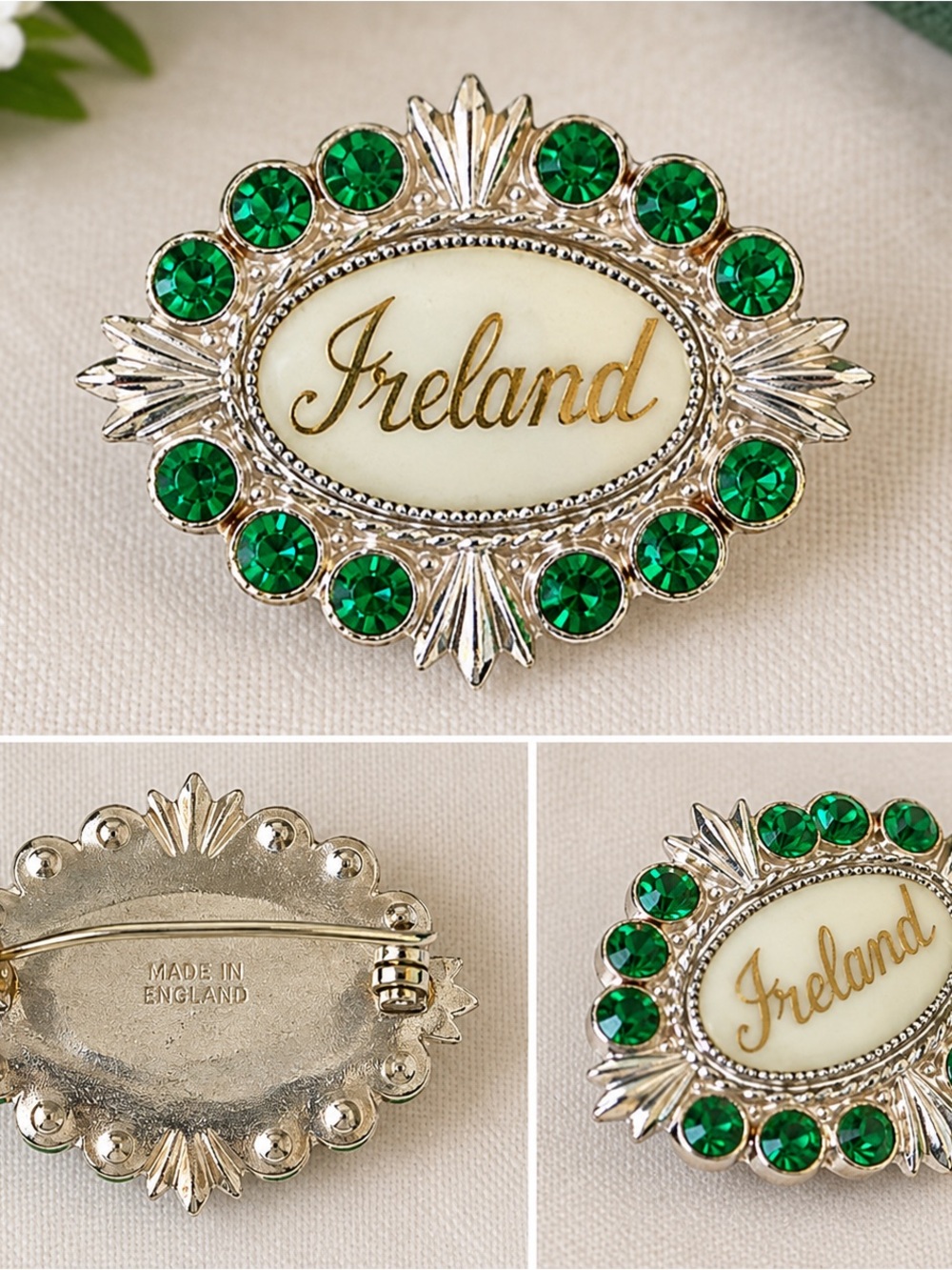 Vintage 1950s Ireland Brooch Green Rhinestone Made in England Irish Souvenir Pin